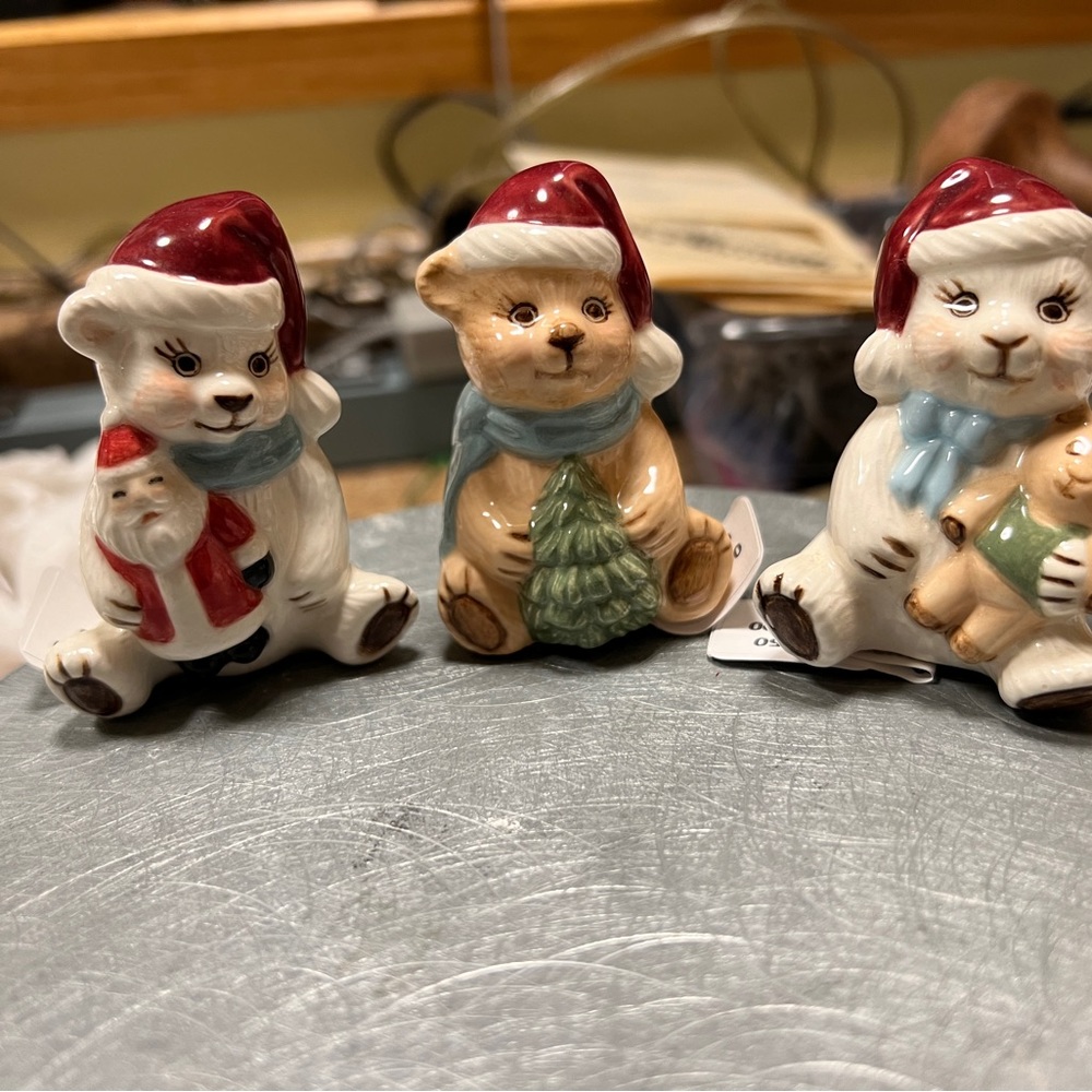 Set of 3 Handmade Ceramic Christmas Teddy Bear Figurines